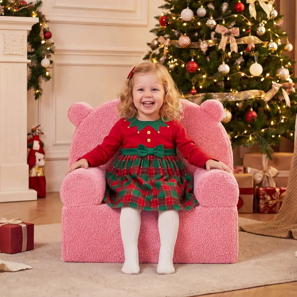 Kids Bear Sofa Toddler Foam Couch with Soft Fleece Fabric Cover-Pink - Pink - Kids Chairs & Seating