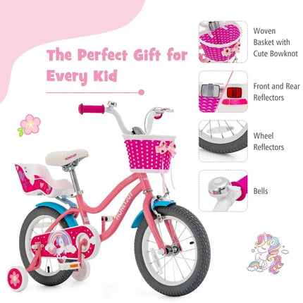 Kids Bicycle with Training Wheels and Basket for Boys and Girls Age 3 - 9 Years - 14 inches - Oasis Home Essentials