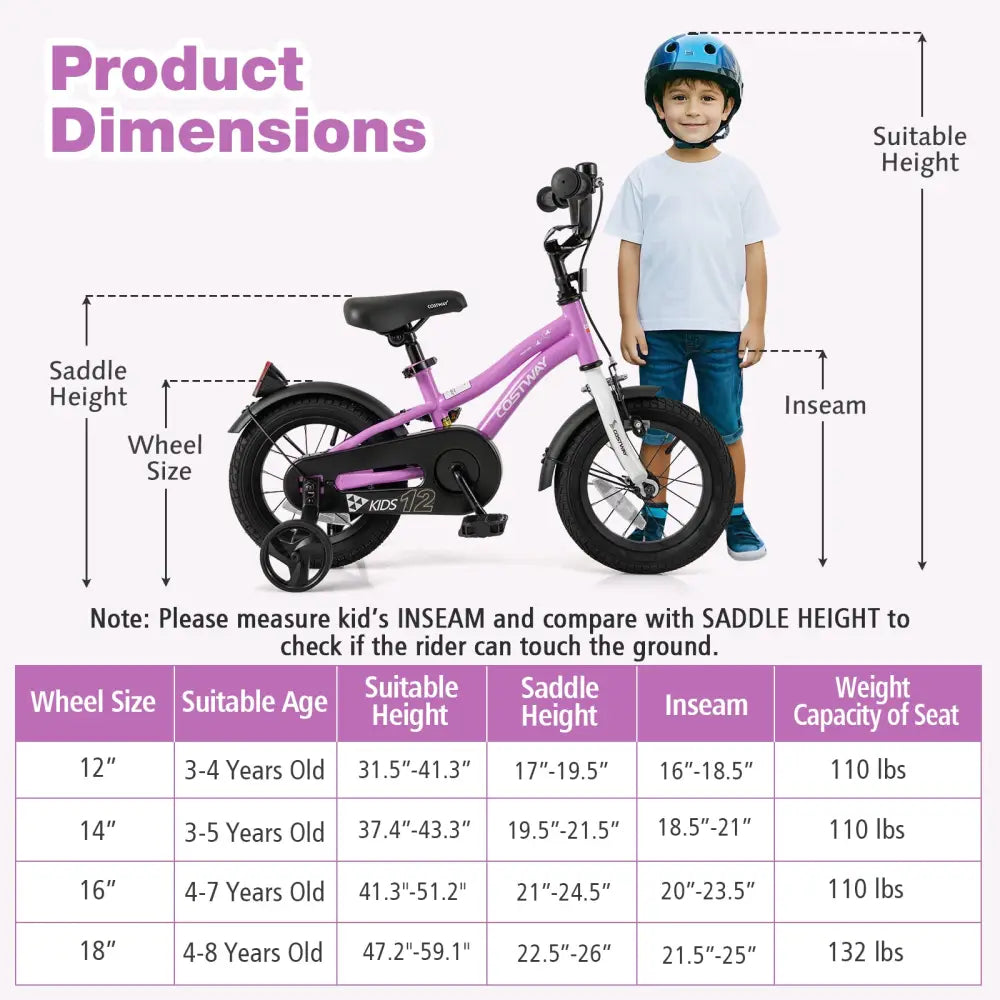 Kids Bike 12-Inch Children Training Bicycle with 2 Brake for 3-4 Years Old - Purple - Kids Bike