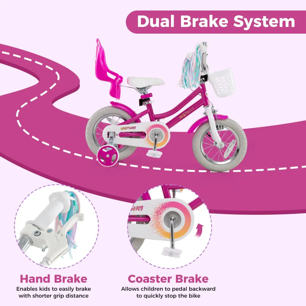 Kids Bike 12 Inch with Training Wheels and 2 Brake System for 3-4 Years Old - Rose Red - Kids Bike