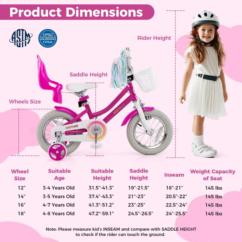Kids Bike 12 Inch with Training Wheels and 2 Brake System for 3-4 Years Old - Rose Red - Kids Bike