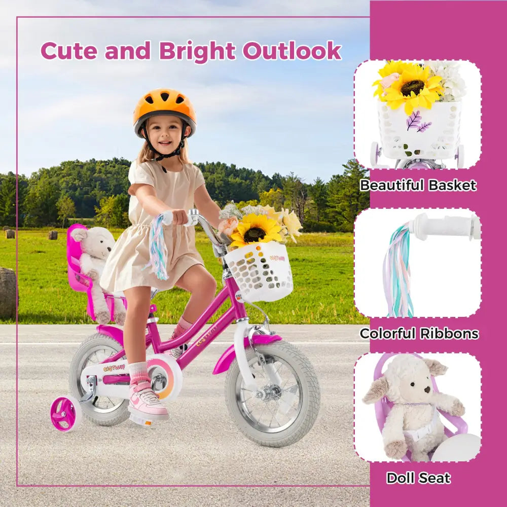 Kids Bike 12 Inch with Training Wheels and 2 Brake System for 3-4 Years Old - Rose Red - Kids Bike