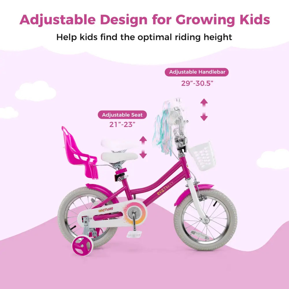 Kids Bike 14 Inch with Training Wheels and 2 Brake System for 3-5 Years Old - Rose Red - Kids Bike