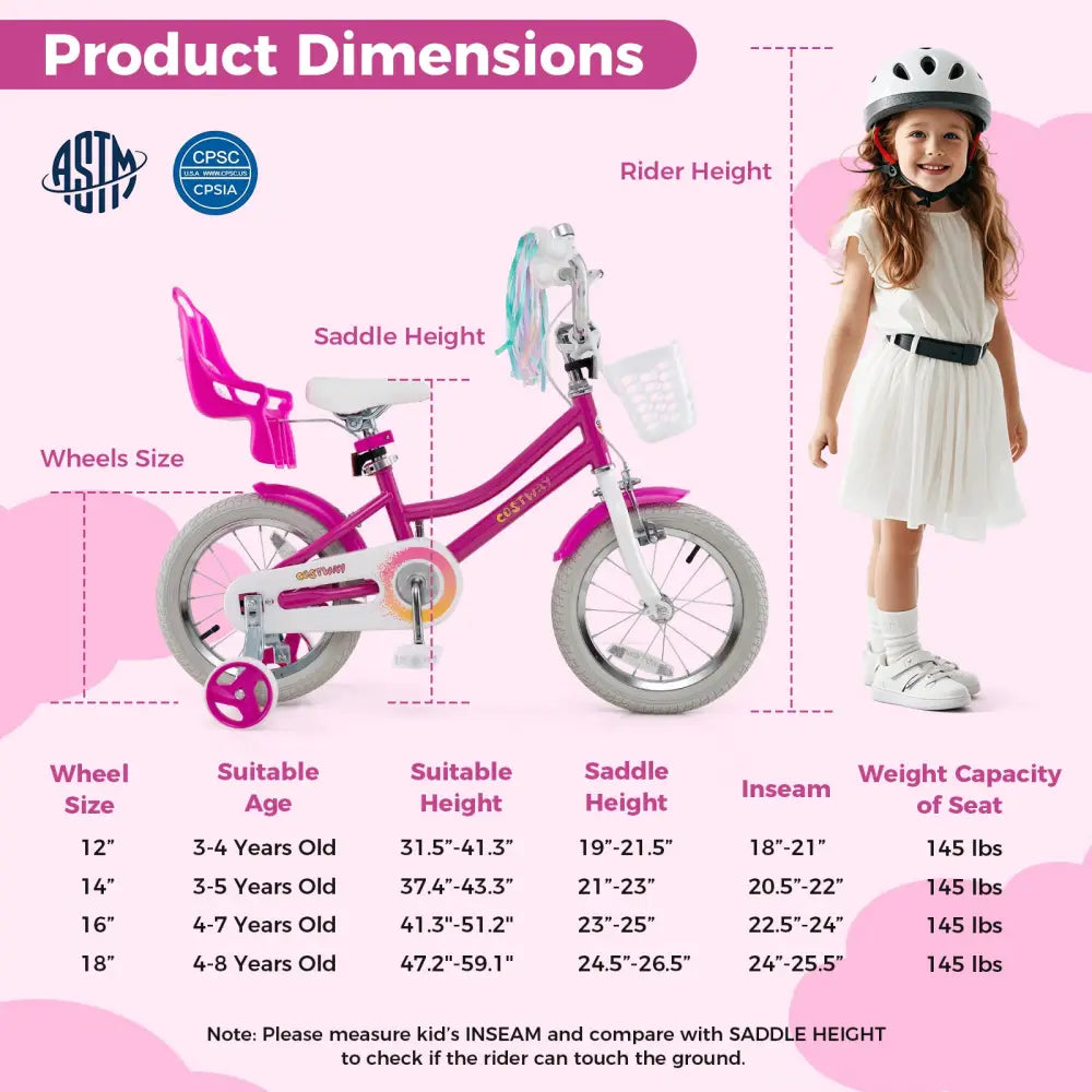 Kids Bike 14 Inch with Training Wheels and 2 Brake System for 3-5 Years Old - Rose Red - Kids Bike
