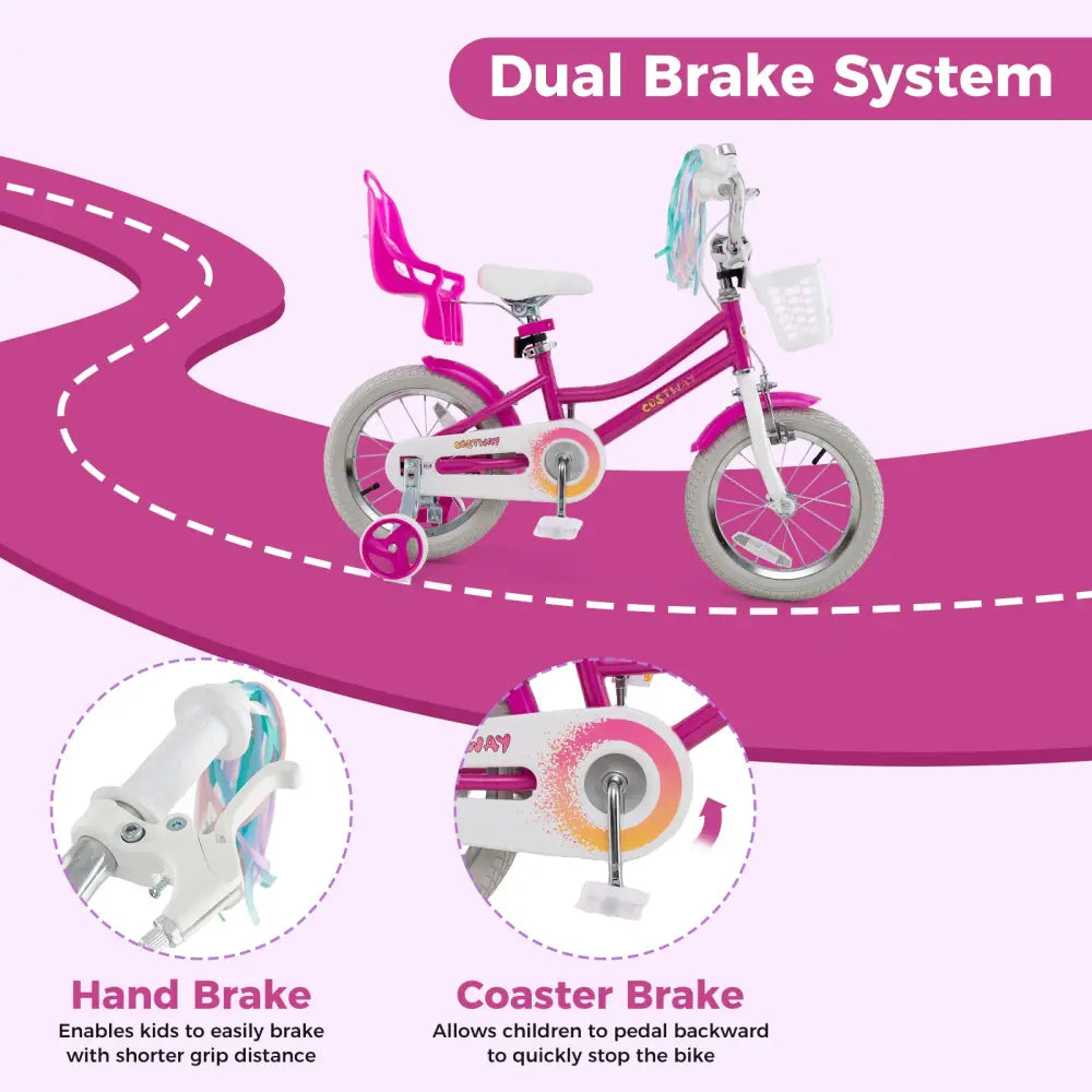 Kids Bike 14 Inch with Training Wheels and 2 Brake System for 3-5 Years Old - Rose Red - Kids Bike
