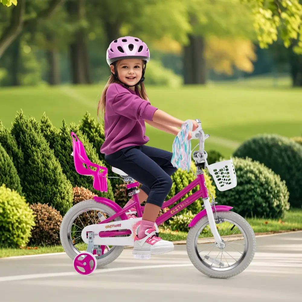Kids Bike 14 Inch with Training Wheels and 2 Brake System for 3-5 Years Old - Rose Red - Kids Bike