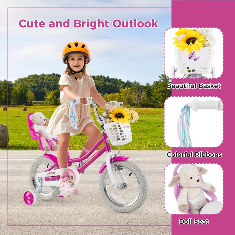 Kids Bike 14 Inch with Training Wheels and 2 Brake System for 3-5 Years Old - Rose Red - Kids Bike