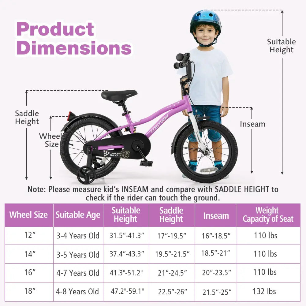 Kids Bike 16-Inch Children Training Bicycle with 2 Brake for 4-7 Years Old - Purple - Kids Bike