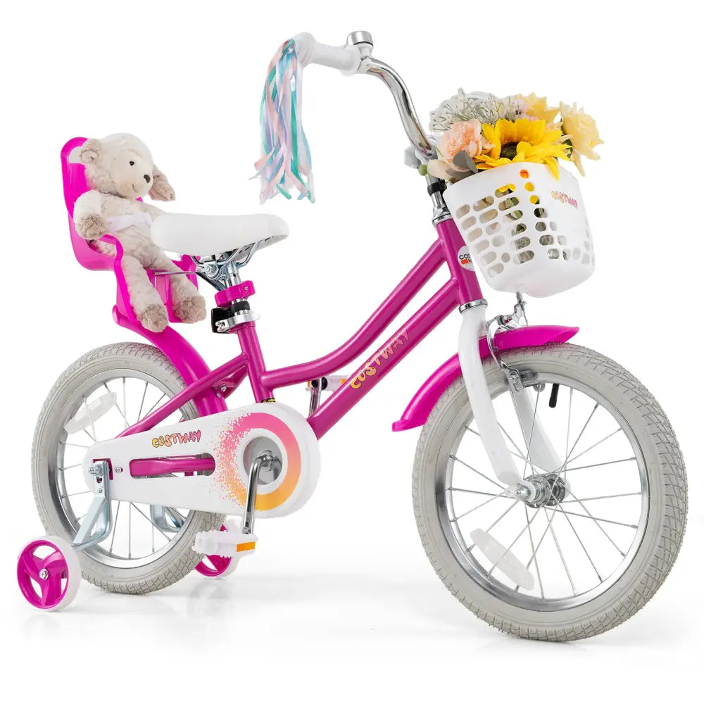 Kids Bike 16 Inch with Training Wheels and 2 Brake System for 4-7 Years Old - Rose Red - Kids Bike