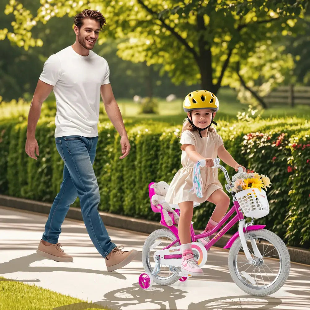 Kids Bike 16 Inch with Training Wheels and 2 Brake System for 4-7 Years Old - Rose Red - Kids Bike