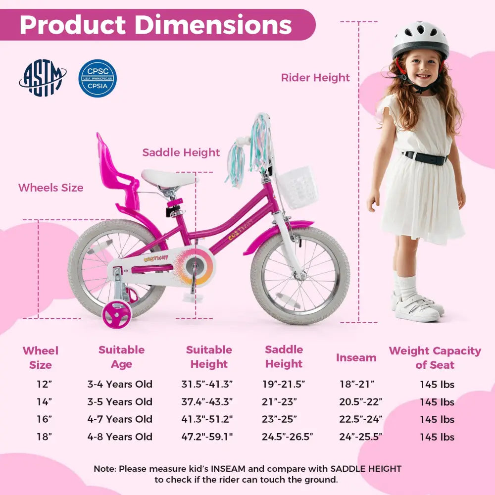 Kids Bike 16 Inch with Training Wheels and 2 Brake System for 4-7 Years Old - Rose Red - Kids Bike