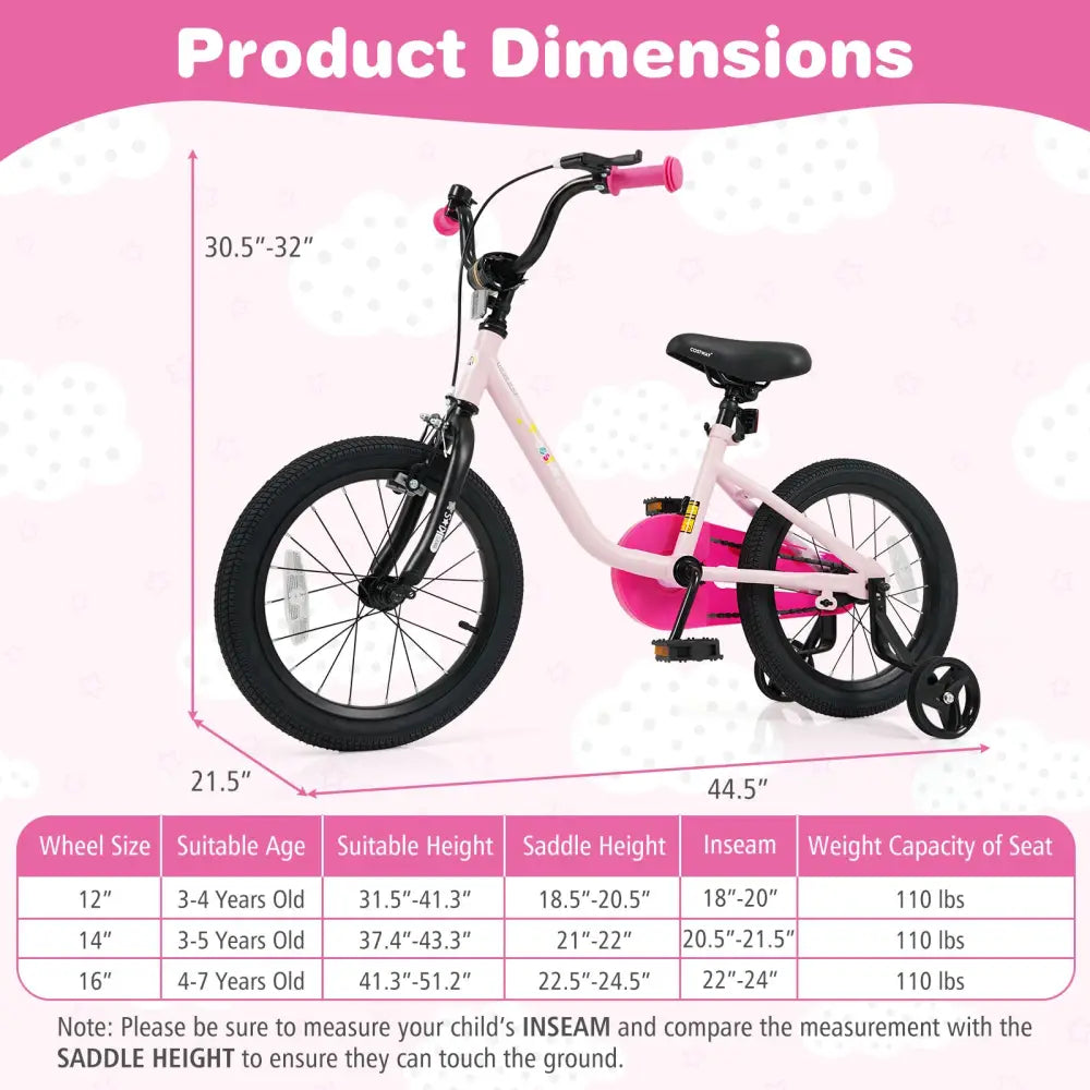 Kids Bike for 3-7 Years Old Boys and Girls 12/14/16-Inch Children Bicycle-Pink 16 Inch - Pink - Kids Bike