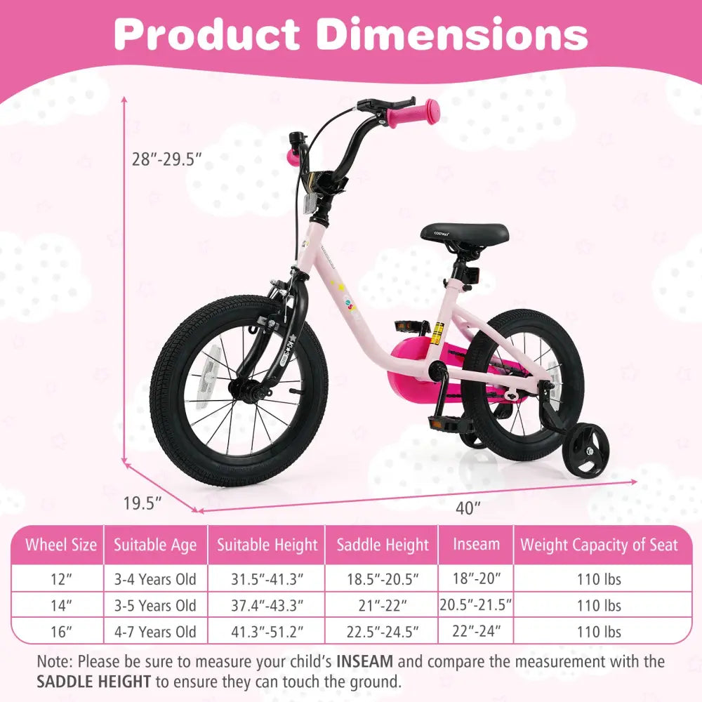 Kids Bike for 3-7 Years Old Boys and Girls 12/14/16-Inch Children Bicycle-Pink 14 Inch - Pink - Kids Bike