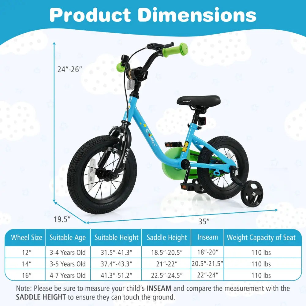 Kids Bike for 3-7 Years Old Boys and Girls 12/14/16-Inch Children Bicycle Blue-12 Inches - Blue - Kids Bike