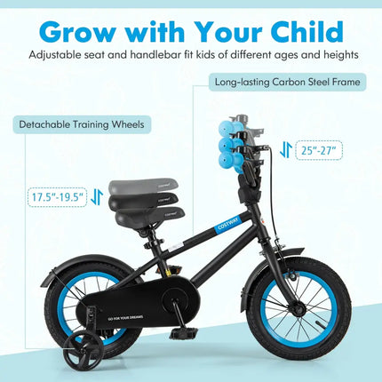 Kids Bike with Adjustable Handlebar and Saddle Black - 12 Inches - Oasis Home Essentials