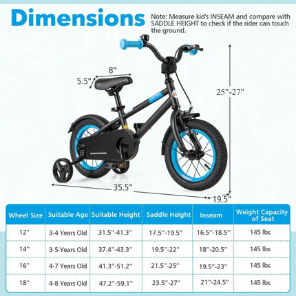 Kids Bike with Adjustable Handlebar and Saddle Black - 12 Inches - Oasis Home Essentials
