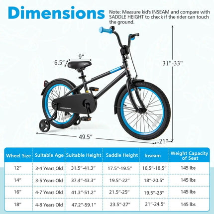 Kids Bike with Adjustable Handlebar and Saddle Black-18 Inches - Black - Kids Bike