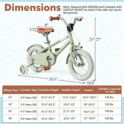 Kids Bike with Adjustable Handlebar and Saddle Green - 12 Inches - Oasis Home Essentials