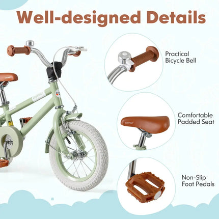 Kids Bike with Adjustable Handlebar and Saddle Green - 12 Inches - Oasis Home Essentials