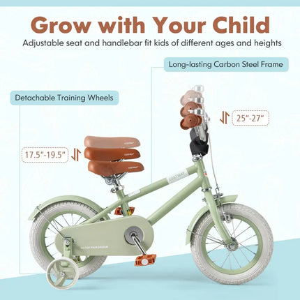 Kids Bike with Adjustable Handlebar and Saddle Green - 12 Inches - Oasis Home Essentials