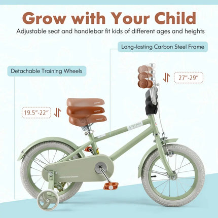 Kids Bike with Adjustable Handlebar and Saddle Green-14 Inches - Green - Kids Bike