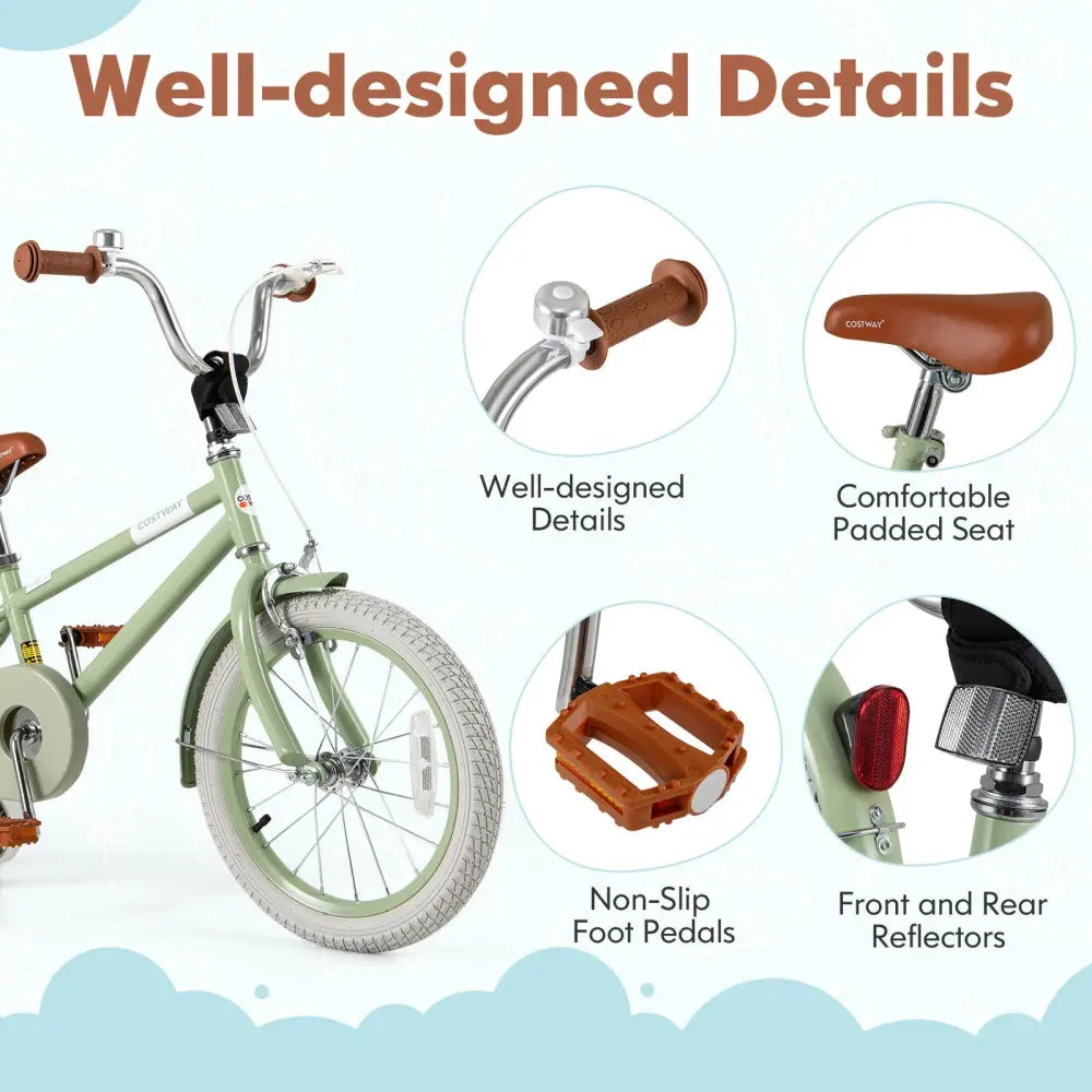 Kids Bike with Adjustable Handlebar and Saddle Green - 16 Inches - Oasis Home Essentials