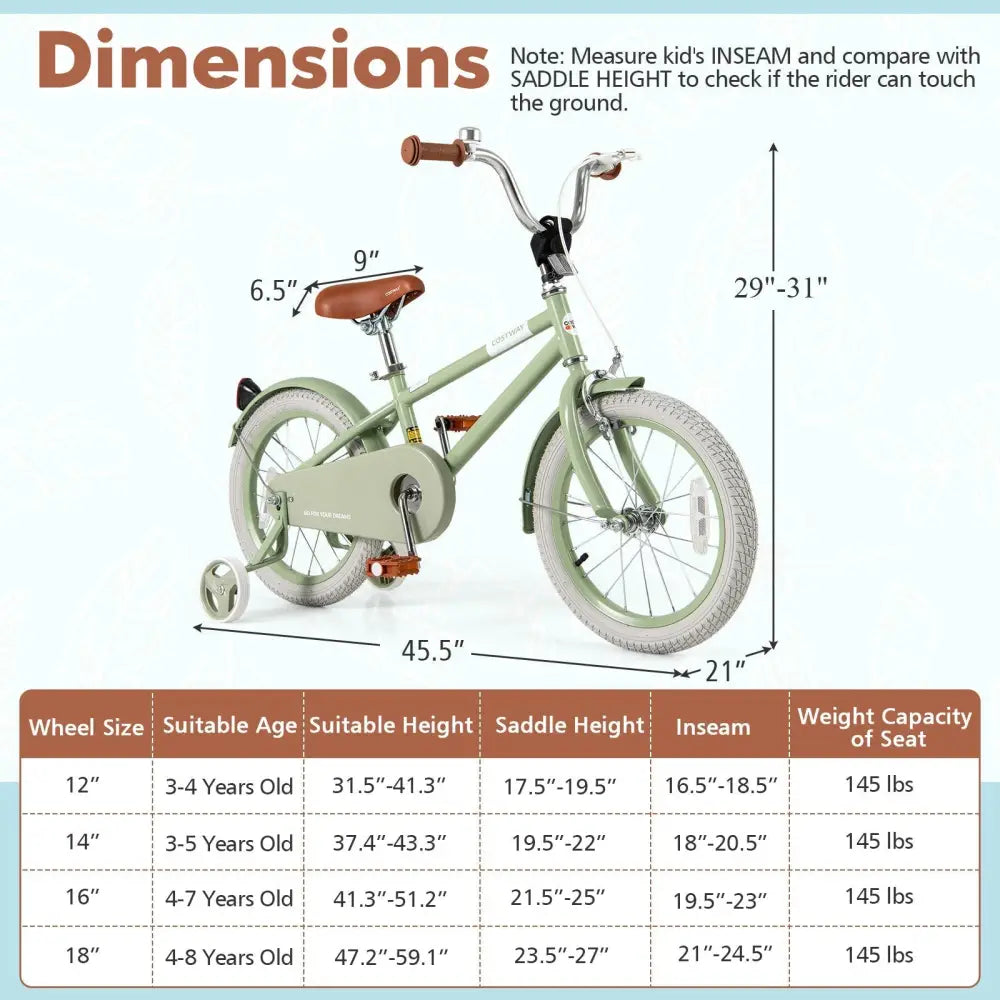 Kids Bike with Adjustable Handlebar and Saddle Green - 16 Inches - Oasis Home Essentials
