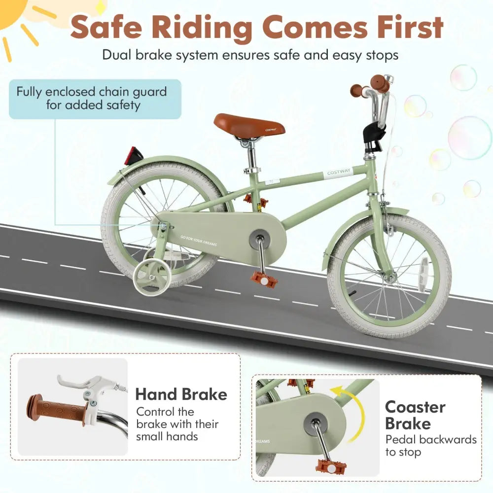Kids Bike with Adjustable Handlebar and Saddle Green - 16 Inches - Oasis Home Essentials