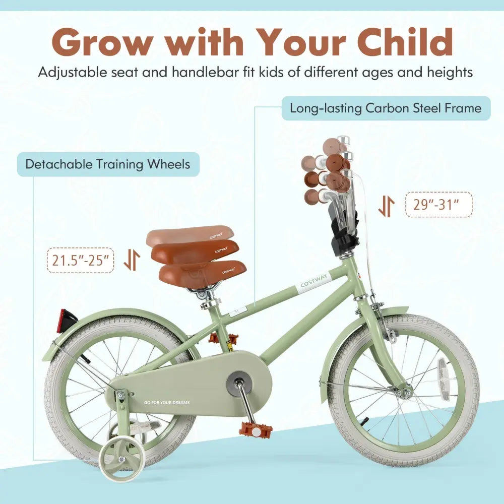 Kids Bike with Adjustable Handlebar and Saddle Green - 16 Inches - Oasis Home Essentials