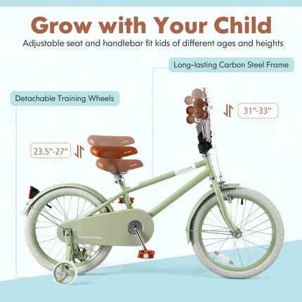 Kids Bike with Adjustable Handlebar and Saddle Green - 18 Inches - Oasis Home Essentials