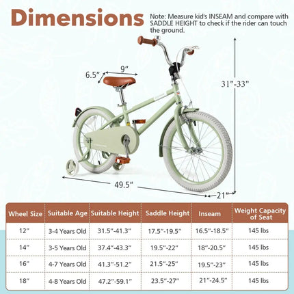 Kids Bike with Adjustable Handlebar and Saddle Green - 18 Inches - Oasis Home Essentials