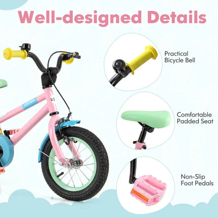 Kids Bike with Adjustable Handlebar and Saddle Pink-12 Inches - Pink - Kids Bike