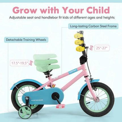 Kids Bike with Adjustable Handlebar and Saddle Pink-12 Inches - Pink - Kids Bike