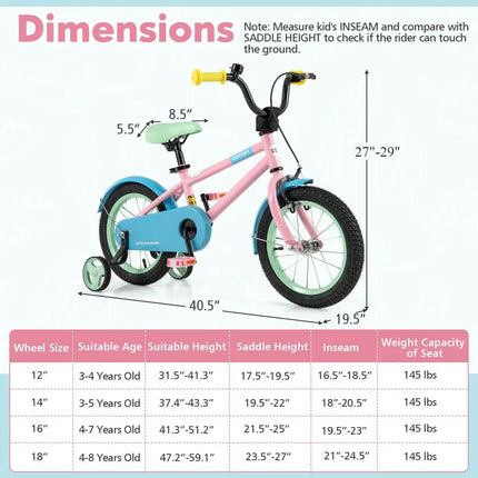 Kid's Bike with Adjustable Handlebar and Saddle Pink - 14 Inches - Oasis Home Essentials