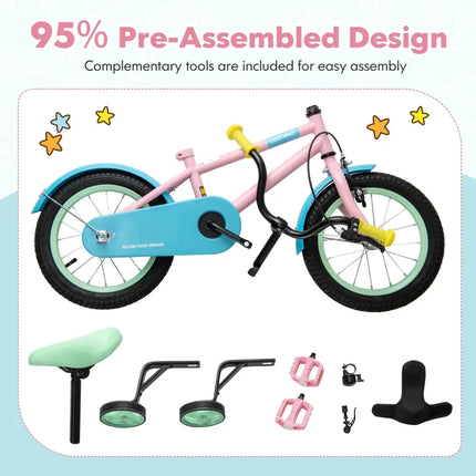 Kid's Bike with Adjustable Handlebar and Saddle Pink - 14 Inches - Oasis Home Essentials