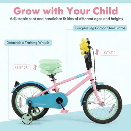 Kids Bike with Adjustable Handlebar and Saddle Pink - 16 Inches - Oasis Home Essentials