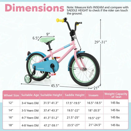 Kids Bike with Adjustable Handlebar and Saddle Pink - 16 Inches - Oasis Home Essentials