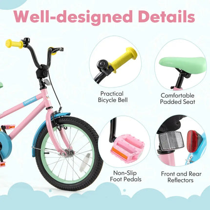 Kids Bike with Adjustable Handlebar and Saddle Pink - 16 Inches - Oasis Home Essentials