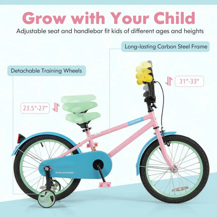 Kids Bike with Adjustable Handlebar and Saddle Pink - 18 Inches - Oasis Home Essentials