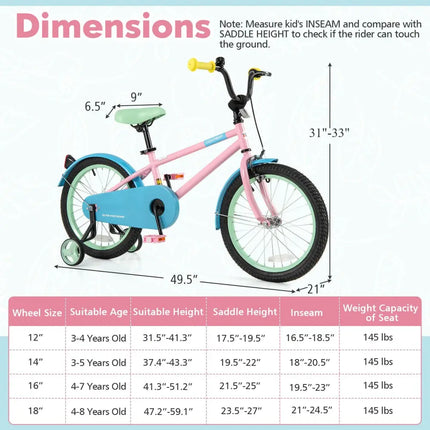 Kids Bike with Adjustable Handlebar and Saddle Pink - 18 Inches - Oasis Home Essentials