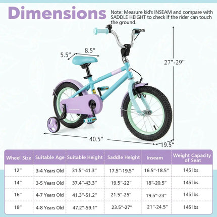Kids Bike with Adjustable Handlebar and Saddle Purple-14 Inches - Purple - Kids Bike
