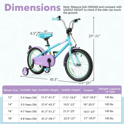 Kids Bike with Adjustable Handlebar and Saddle Purple - 16 Inches - Oasis Home Essentials