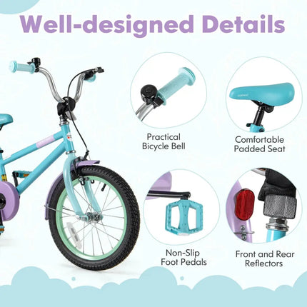 Kids Bike with Adjustable Handlebar and Saddle Purple - 16 Inches - Oasis Home Essentials