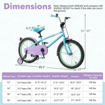 Kids Bike with Adjustable Handlebar and Saddle Purple - 18 Inches - Oasis Home Essentials