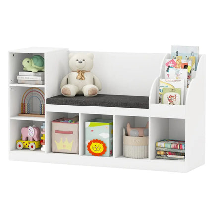 Kids Bookcase with Reading Nook 3-in-1 Standing Toy Organizer-White - White - Kids Storage