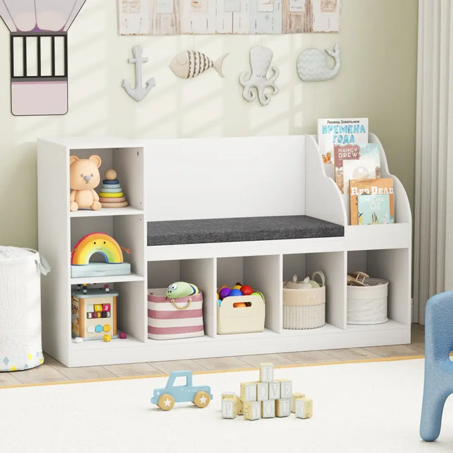 Kids Bookcase with Reading Nook 3-in-1 Standing Toy Organizer-White - White - Kids Storage