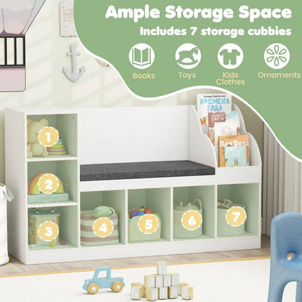 Kids Bookcase with Reading Nook 3-in-1 Standing Toy Organizer-White - White - Kids Storage