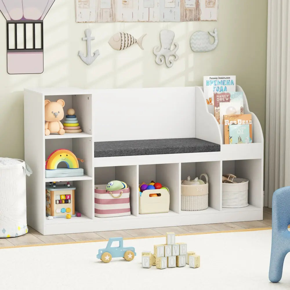 Kids Bookcase with Reading Nook 3-in-1 Standing Toy Organizer-White - White - Kids Storage
