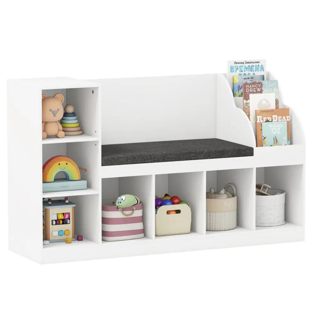 Kids Bookcase with Reading Nook 3-in-1 Standing Toy Organizer-White - White - Kids Storage