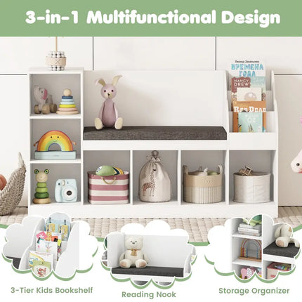 Kids Bookcase with Reading Nook 3-in-1 Standing Toy Organizer-White - White - Kids Storage